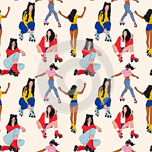 Seamless pattern with of Vector vintage skating girl with roller skates .