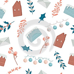 Seamless pattern of vector winter plants and elements in flat style, Christmas pattern