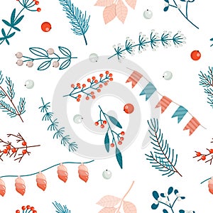 Seamless pattern of vector winter plants and garlands in flat style, Christmas pattern