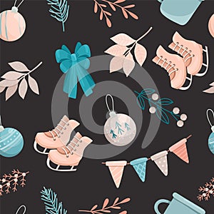 Seamless pattern of vector winter plants, skates, Christmas decorations and garlands in flat style
