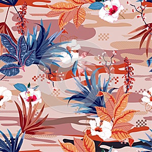 Seamless pattern vectorTrendy tropical forest ,palm leaves and exotic flowers on camou flage