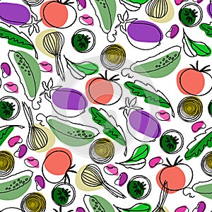 Seamless pattern with vegetables, beans and greens for surface design, posters, illustrations. Healthy foods theme