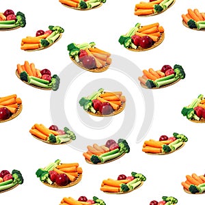 Seamless pattern with vegetables, carrot, apples, tomatoes and broccoli. Seamless texture vegetables, layout