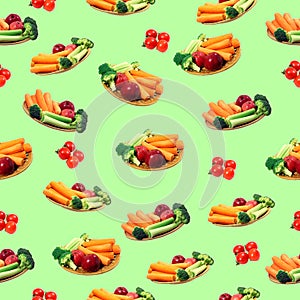 Seamless pattern with vegetables, carrot, apples, tomatoes and broccoli. Seamless texture vegetables, layout