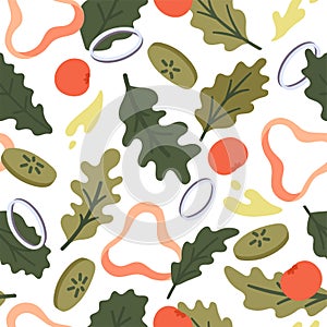 Seamless pattern with vegetables. Doodle illustration with cut salad ingredients, tomatoes, cucumbers, onion, bell pepper and