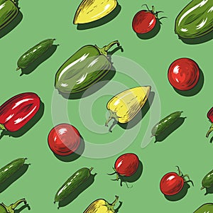 Seamless pattern with vegetables on green background.