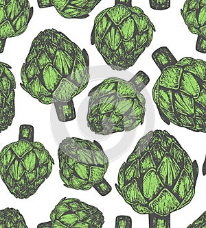 Seamless pattern with vegetables. Hand drawn vector illustration of artichoke sketch style appetizing colors.