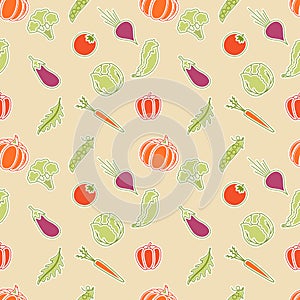 Seamless pattern with vegetables, healthy food. Vegetables - tomato, cucumber, peppers, arugula, pumpkin, peppers