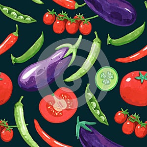 Seamless pattern with vegetables, tomatoes, pea and pepper. Vector hand drawn detailed illustration