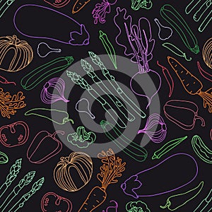 Seamless pattern with vegetables. Vegetarian menu. Eggplant tomato beets peas pepper zucchini radish cucumber broccoli garlic onio