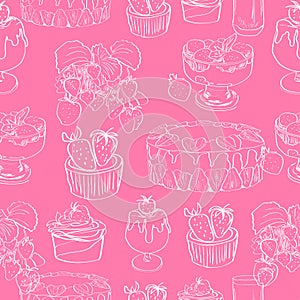 Seamless pattern vegetarian sweets with strawberries in graphic style.