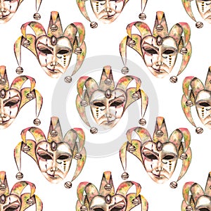 Seamless pattern with venetian masks of laughter and sadness emotions