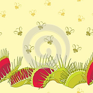 Seamless pattern with Venus Flytrap or Dionaea muscipula and cartoon flies on the yellow background.