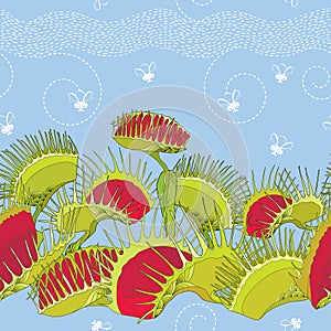 Seamless pattern with Venus Flytrap or Dionaea muscipula and cartoon white flies on the blue background.