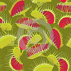 Seamless pattern with Venus Flytrap or Dionaea muscipula on the dark green background.