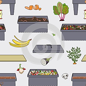 Seamless pattern with vermicompost box and kitchen scraps, fruit, vegetables. Recycling organic waste. Farming and agriculture.