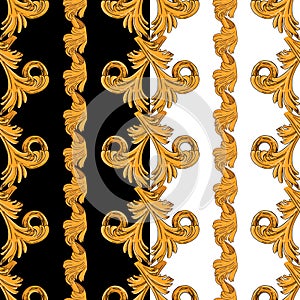Pattern with vertical gold patterns on a black and white background