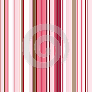 A seamless pattern of vertical stripes of pink and carmine color alternating with white and brown. Bright striped print