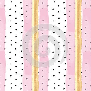 Seamless Pattern in vertical stripes - Pink and gold stripes on black dots