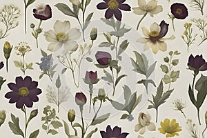 A seamless pattern of Victorian Pressed Flowers.