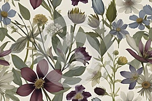 A seamless pattern of Victorian Pressed Flowers.