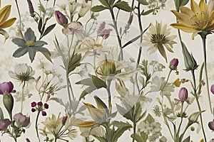 A seamless pattern of Victorian Pressed Flowers.