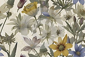 A seamless pattern of Victorian Pressed Flowers.