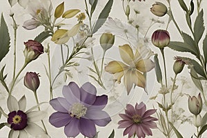 A seamless pattern of Victorian Pressed Flowers.