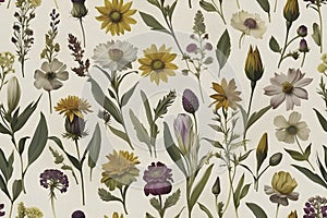 A seamless pattern of Victorian Pressed Flowers.