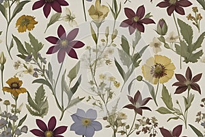 A seamless pattern of Victorian Pressed Flowers.