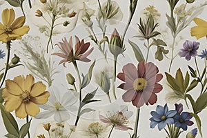 A seamless pattern of Victorian Pressed Flowers.