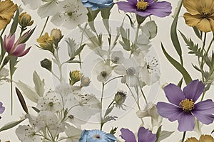 A seamless pattern of Victorian Pressed Flowers.