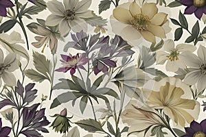 A seamless pattern of Victorian Pressed Flowers.