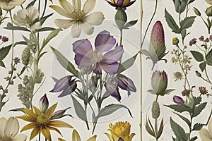 A seamless pattern of Victorian Pressed Flowers.