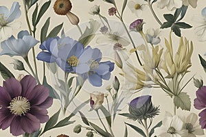 A seamless pattern of Victorian Pressed Flowers.