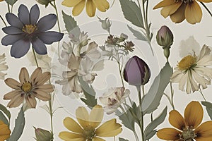 A seamless pattern of Victorian Pressed Flowers.