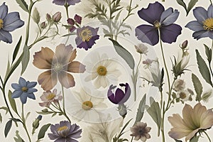 A seamless pattern of Victorian Pressed Flowers.