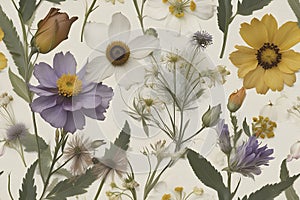 A seamless pattern of Victorian Pressed Flowers.