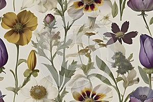 A seamless pattern of Victorian Pressed Flowers.