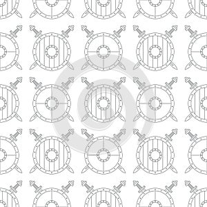 Seamless pattern with viking shields and swords on white background