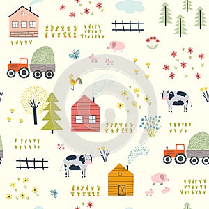 Seamless pattern with village landscape