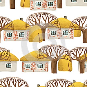 Seamless pattern of villiage with small painted house, whitewashed house, bare trees and stacks of hay