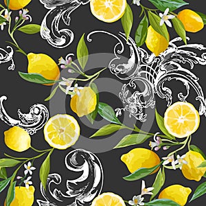 Seamless Pattern with vintage barocco design with yellow Lemon Fruits, Floral Background with Flowers, Leaves, Lemons Wallpaper photo