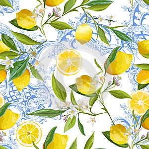 Seamless Pattern with vintage barocco design with yellow Lemon Fruits, Floral Background with Flowers, Leaves, Lemons Wallpaper photo