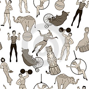 Seamless pattern, vintage circus performers and animals photo