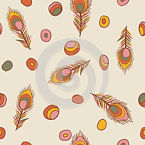 Seamless pattern vintage colorful peacock feather with circle object, fashion textile or wallpaper background, vector illustration