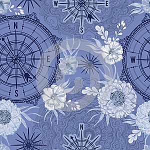 Seamless pattern with vintage compass, wind rose and floral elements in watercolor style