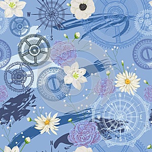 Seamless pattern with vintage compass, wind rose, gears, brush strokes and flowers. Travel, adventure and discovery. Nautical back