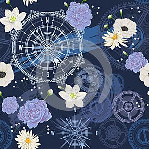 Seamless pattern with vintage compass, wind rose, gears, brush strokes and flowers. Travel, adventure and discovery. Nautical back