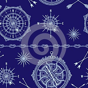 Seamless pattern with vintage compass, wind rose and rope knot. Nautical background.